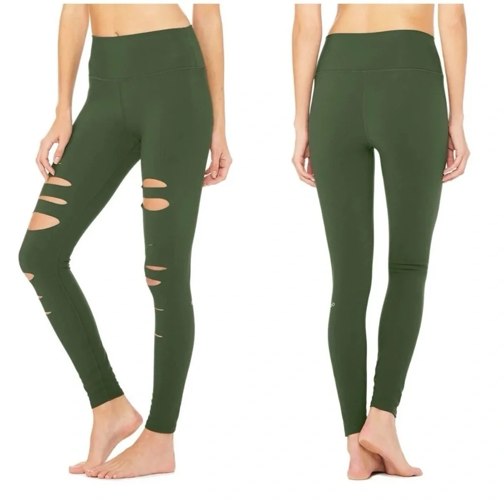 RARE ALO NWT High Waist Ripped Warrior Leggings in Hunter Green— XS
